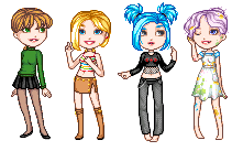 pixel art of four girls wearing various different styles of clothing